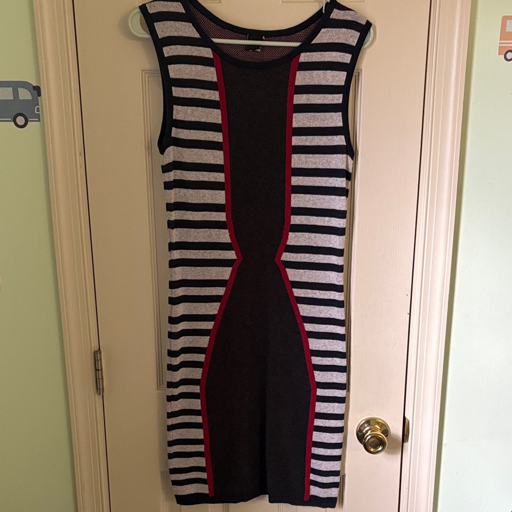 Swell Navy & Gray Striped Sleeveless Knit Midi Body Con Dress with Red Trim